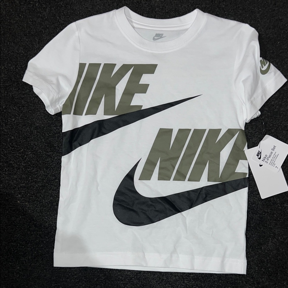 Nike White and Olive Graphic Tee and shorts